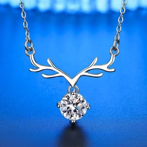 Elegant deer antler pendant necklace with brilliant round moissanite stone in silver finish