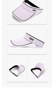 Vue détaillée de la visière violette avec sangle réglable et bandeau anti-transpiration