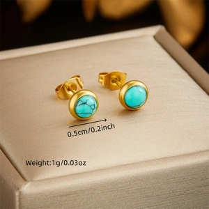 Vintage round turquoise stud earrings in gold stainless steel for women fashion