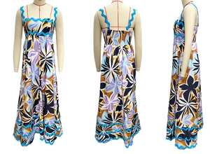 Three-view layout of a bohemian maxi dress with floral print and smocked back detail