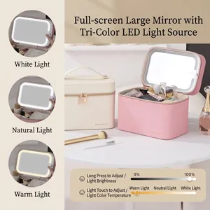 Portable makeup case with LED mirror and three adjustable light modes in premium leather