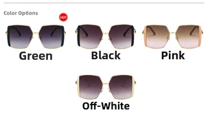 Detailed grid showing square oversized sunglasses in green, black, pink and cream