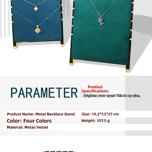 Detail showing metal necklace display stand with velvet fabric surface and base dimensions