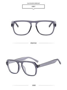 Detail view of transparent grey rectangular sunglasses frames with model C6 markings