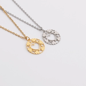 Stainless Steel Heart Pendant Necklace Hollow Round Cutout Charm With O-Chain Fashion Jewelry For Women