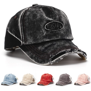 Vintage Distressed Baseball Cap Washed Cotton Denim Ripped Hole Streetwear Hat For Men Women Boston Embroidery