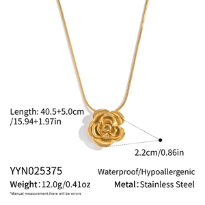 Detail of golden rose pendant on snake chain showing waterproof stainless steel features