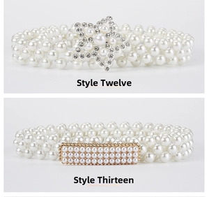 Detail of vintage elastic pearl belts with star and rectangular rhinestone gold buckles