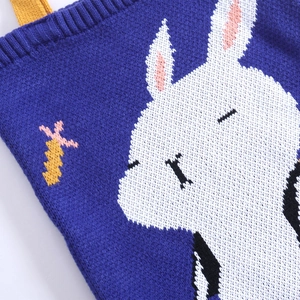 Cute dark blue knitted tote bag with white rabbit and orange carrot cartoon patterns
