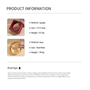 Detailed product dimensions for acrylic square bangle and iron round metal bracelet