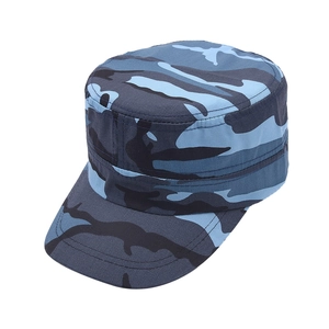 Detail of blue camouflage cadet cap showing flat top structure and firm curved brim