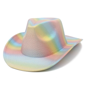 Macro detail of holographic rainbow cowboy hat showing vibrant metallic stripe texture