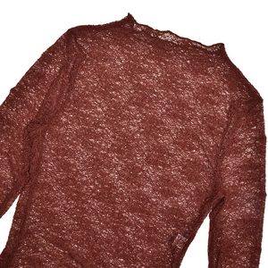 Detail of reddish-brown sheer lace mesh fabric with intricate patterns for a 2-piece set
