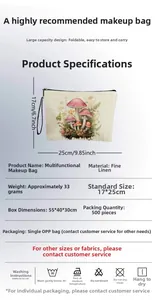 Detail view of linen mushroom print makeup bag showing 25x17cm size and zipper closure