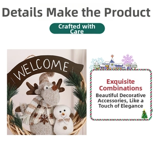 Detail of Christmas wreath with plush reindeer, snowman, and wooden Welcome sign