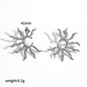 Artistic sunburst stainless steel stud earrings, 41mm diameter with polished silver finish