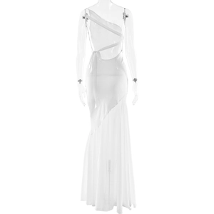 Detailed side view of white backless mermaid dress with mesh splicing and side lacing