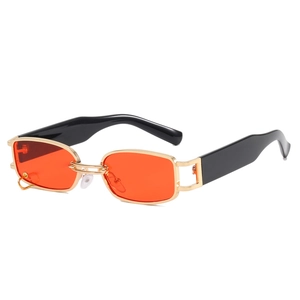 Retro rectangle sunglasses with gold metal frame, orange lenses and black temples