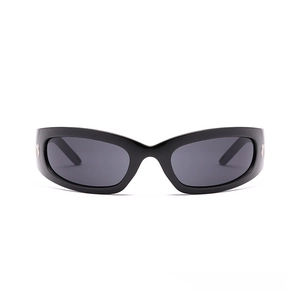 Black outdoor cycling sunglasses with a wide frame and a golden bear logo on the side