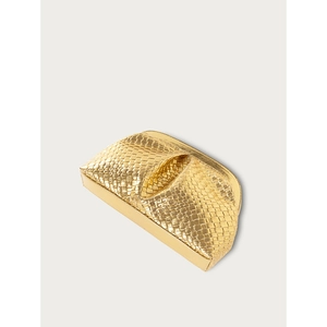 Detail shot of the gold woven leather texture on a pleated dumpling crossbody bag