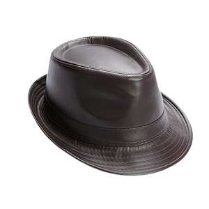 Classic dark brown leather fedora hat with fine stitching detail on white background