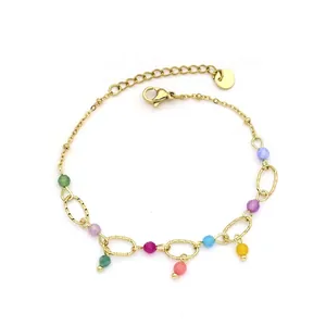 Colorful natural stone bead bracelet with gold titanium chain for women jewelry