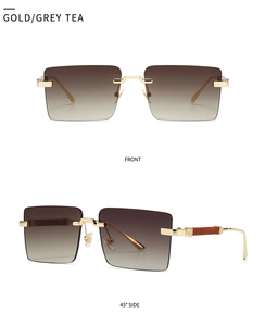 Detaillierte Front- und Seitenansicht goldener quadratischer Sonnenbrille mit Verlaufsgläsern