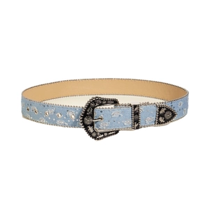 Western style light blue denim belt with ornate silver buckle and studded rivets