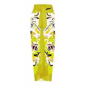 Detail of high-waist tropical print skirt with a wide waist tie and vibrant yellow floral pattern