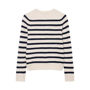 Classic striped crewneck knit sweater with navy horizontal lines on cream base fabric