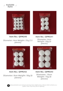 Detailed size chart for white plush Christmas snowball ornaments with various diameters