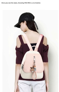 Close-up of contrast color backpack featuring a cute rabbit charm and weaving lanyard