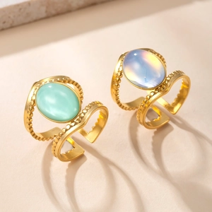 Vintage gold stainless steel open rings with oval green and iridescent natural stones