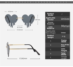 Detailed dimensions of rimless heart-shaped sunglasses with metal frame and PC lenses