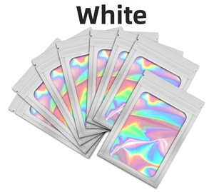 Stack of white holographic resealable bags showing rainbow laser film with zip lock