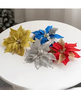 Close-up of 27cm glitter artificial Christmas flowers in gold, silver, and red colors