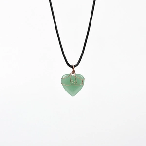 Handmade wire wrapped heart shaped green crystal pendant with black cord necklace