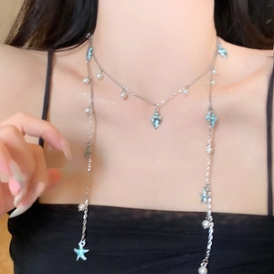Starfish Conch Artificial Pearl Tassel Necklace Ocean Beach Vacation Style Alloy Silver Tone Long Chain For Women Summer Jewelry