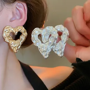 Irregular Lava Heart Earrings With 925 Sterling Silver Earring Post Hollow Melting Metal Style Vintage For Women