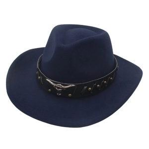 Detail of dark blue felt cowboy hat with leather band and silver longhorn bull skull ornament