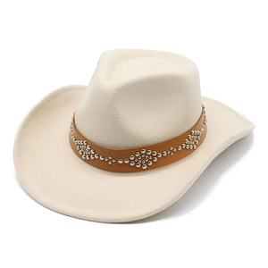 Western Cowboy Fedora Hat With Rivet Leather Belt Wide Brim Woolen Felt Jazz Hat For Men Women Outdoor Casual Accessories