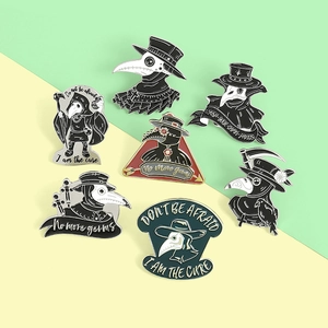 Collection of seven black plague doctor enamel pins with dark gothic themed designs
