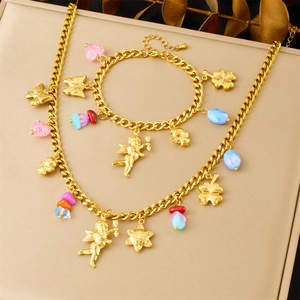 Collier Et Bracelet En Acier Inoxydable Pour Femmes Plaqué Or Ange Cupidon Papillon Breloques Perles Colorées