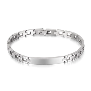 Polished stainless steel ID chain bracelet for men in silver finish on white background