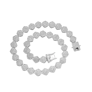 Silver iced-out hexagonal link chain necklace with sparkling crystals and box clasp