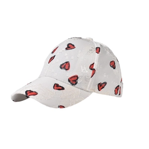 Unisex white baseball cap with red heart embroidery and lace fabric details