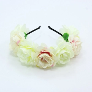 Handmade floral headband with cream-white artificial roses and pink dye accents