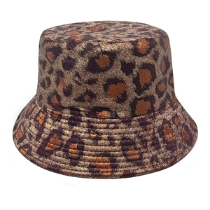 Macro detail of leopard jacquard pattern and reinforced stitching on a bucket hat