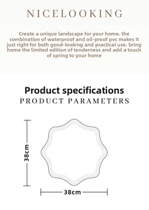 Detail view of 38cm round PVC placemat featuring scalloped edges and waterproof texture