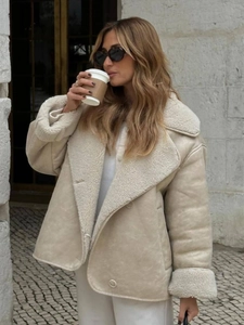 Women's cream faux suede shearling jacket featuring a lapel collar and warm plush lining